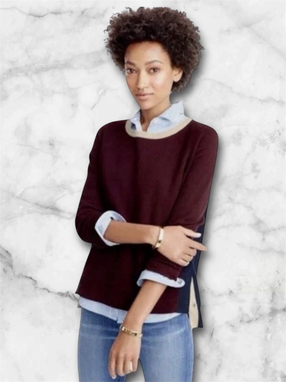 J. Crew Colorblock Crewneck Hi Low Sweater Maroon Tan Navy Classic Size XS
